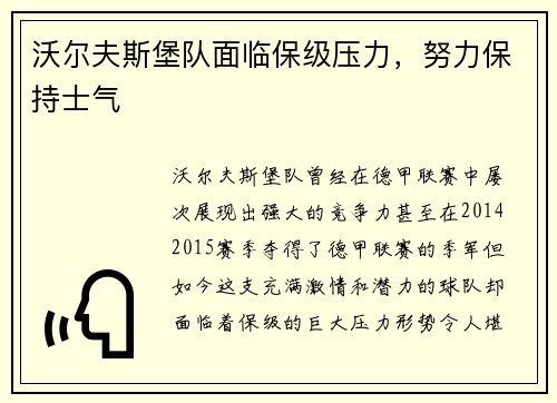 沃尔夫斯堡队面临保级压力，努力保持士气