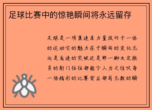 足球比赛中的惊艳瞬间将永远留存