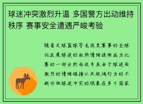 球迷冲突激烈升温 多国警方出动维持秩序 赛事安全遭遇严峻考验