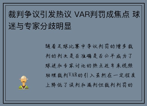 裁判争议引发热议 VAR判罚成焦点 球迷与专家分歧明显