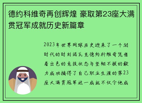 德约科维奇再创辉煌 豪取第23座大满贯冠军成就历史新篇章 德约科维奇再创辉煌 豪取第23座大满贯冠军成就历史新篇章